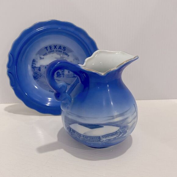 Vintage Texas Cobalt Blue The Alamo Saucer And Texas Landmarks Creamer Pitcher - Picture 5 of 15